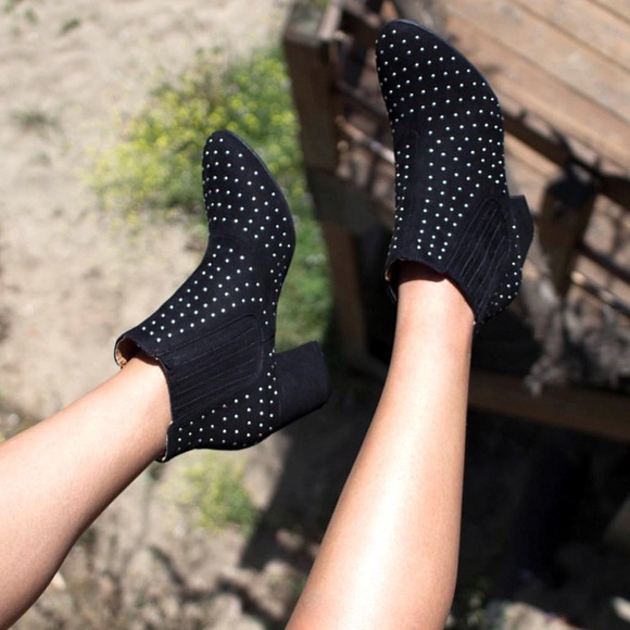 Black Studded Kitten Block Heel Ankle Booties - Picture 6 of 8
